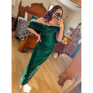 Vintage Union Label Green Velvet Off Shoulder Formal Dress Medium